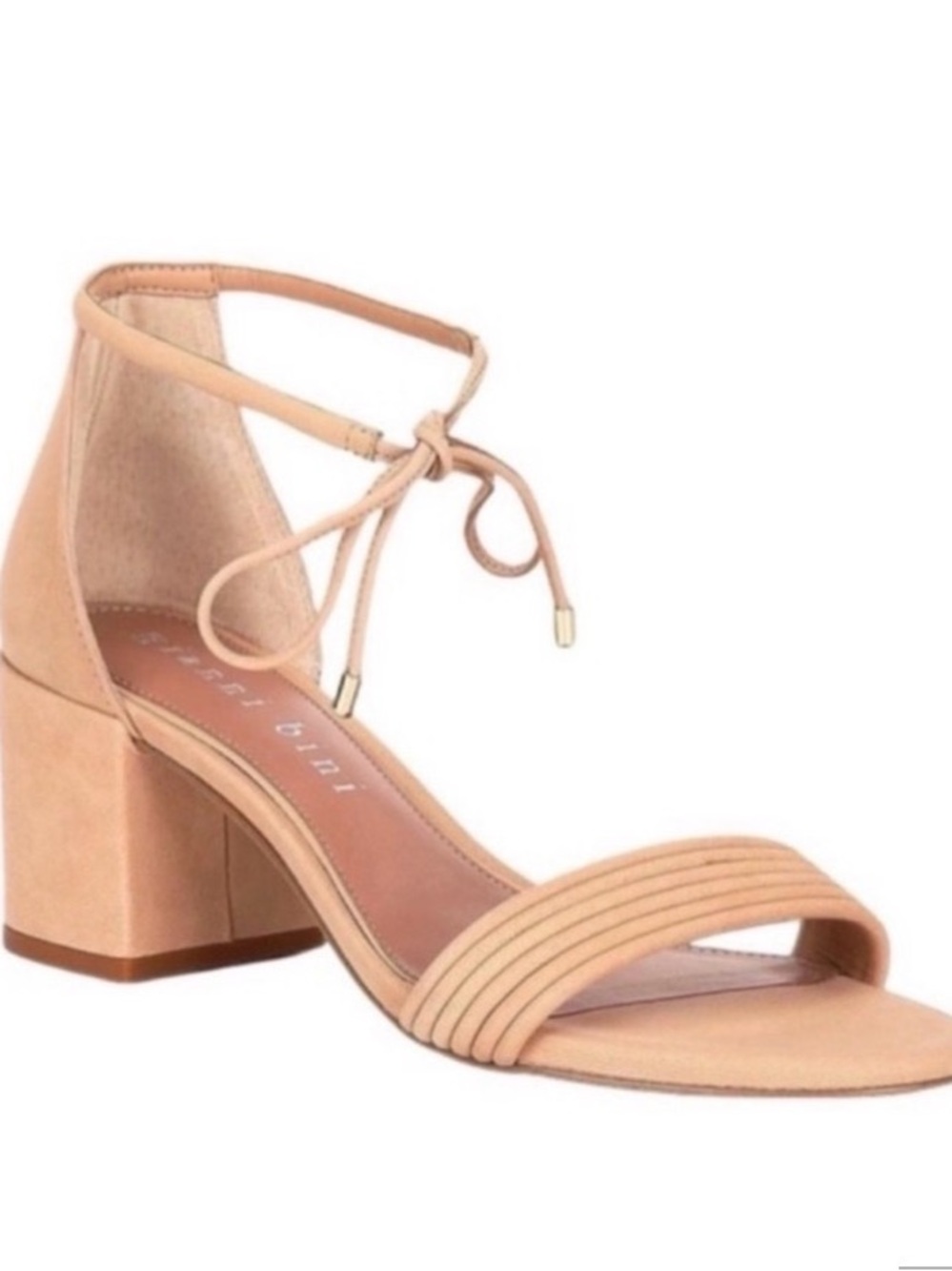 Gianni Bini Rhiaann Ankle Tie Block Heel Sandal Nubuck Suede Leather Nude Beige